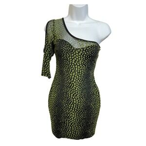 Entry Womens One Shoulder Animal Print Mesh Bodycon Mini Dress Green Black M VTG